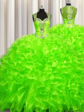  Pick Ups Zipper Up See Through Back Organza Sleeveless With Train Quinceanera Dresses Brush Train and Beading