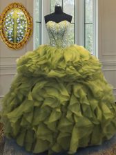 Low Price Olive Green Ball Gowns Beading and Ruffles 15th Birthday Dress Lace Up Organza Sleeveless Floor Length