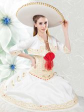 New Style Sleeveless Organza and Taffeta Floor Length Lace Up 15th Birthday Dress in White with Beading and Embroidery and Ruffles