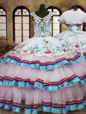 Beautiful Ruffled Floor Length White Quinceanera Gown Straps Sleeveless Lace Up