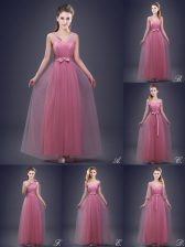 Fancy Pink Lace Up V-neck Beading and Appliques and Ruching and Bowknot and Hand Made Flower Quinceanera Court Dresses Tulle Sleeveless