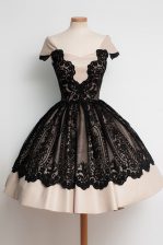  Scoop Satin Cap Sleeves Knee Length Dress for Prom and Lace