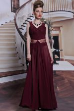  Burgundy Column/Sheath Chiffon Straps Sleeveless Beading and Ruching Floor Length Zipper Prom Party Dress