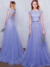  Brush Train Empire Vestidos de Damas Lavender Scoop Tulle Cap Sleeves With Train Backless