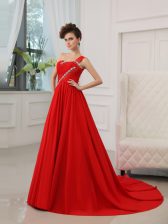 Custom Made One Shoulder Sleeveless Court Train Zipper Prom Dress Red Silk Like Satin