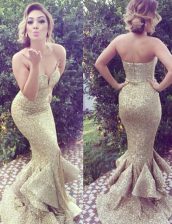  Mermaid Gold Sequined Zipper Sweetheart Sleeveless Prom Dresses Brush Train Ruffles