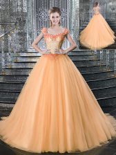 Excellent Orange Lace Up Straps Beading and Appliques Sweet 16 Dress Tulle Sleeveless Brush Train