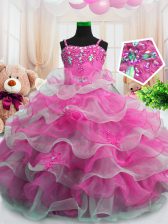Cheap Beading and Ruffled Layers Little Girls Pageant Dress Wholesale Hot Pink Zipper Sleeveless Floor Length