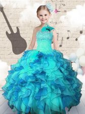  Organza One Shoulder Sleeveless Lace Up Beading and Ruffles Little Girls Pageant Gowns in Aqua Blue