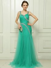  Turquoise Column/Sheath Straps Sleeveless Organza With Brush Train Side Zipper Beading and Ruching Prom Gown