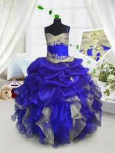 Popular Royal Blue Organza Lace Up Spaghetti Straps Sleeveless Floor Length Little Girl Pageant Dress Beading and Ruffles and Pick Ups