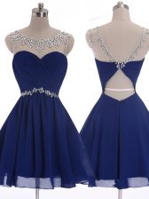 New Arrival Navy Blue A-line Scoop Sleeveless Chiffon Mini Length Criss Cross Beading Prom Evening Gown