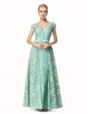  Lace Turquoise Cap Sleeves Pleated Prom Gown