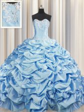 Cute Brush Train Taffeta Sweetheart Sleeveless Sweep Train Lace Up Beading and Pick Ups Vestidos de Quinceanera in Baby Blue