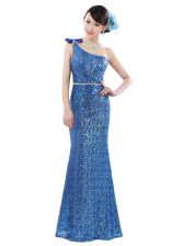 On Sale Sequins Floor Length Blue Prom Gown One Shoulder Sleeveless Zipper