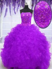 Ideal Organza Sleeveless With Train Quinceanera Gown Brush Train and Beading and Appliques and Ruffles