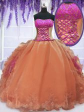 Excellent Sleeveless Organza Floor Length Lace Up Sweet 16 Dress in Orange with Embroidery and Ruffles