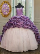 Elegant White And Purple Organza and Taffeta Lace Up Sweetheart Sleeveless With Train Sweet 16 Dresses Court Train Beading and Pick Ups