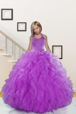 Dramatic Halter Top Beading and Ruffles Kids Pageant Dress Purple Lace Up Sleeveless Floor Length