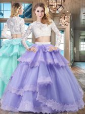  Lace Ruffled Floor Length Lavender Quince Ball Gowns Scoop Long Sleeves Zipper
