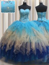 Fantastic Sweetheart Sleeveless Ball Gown Prom Dress Floor Length Beading and Ruffles Multi-color Tulle