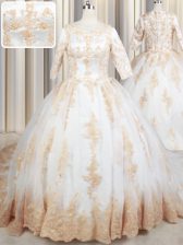 Fashion Scoop White Tulle Zipper Quinceanera Dress Half Sleeves Court Train Beading and Lace and Appliques