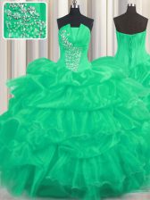  Sleeveless Floor Length Beading and Ruffled Layers and Pick Ups Lace Up 15 Quinceanera Dress with Turquoise
