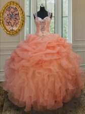  Straps Sleeveless Quinceanera Dress Floor Length Beading and Ruffles and Pick Ups Orange Organza