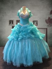  Floor Length Lace Up Quinceanera Gowns Aqua Blue for Military Ball and Sweet 16 and Quinceanera with Beading and Pick Ups