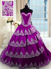 Sophisticated Eggplant Purple Ball Gowns Sweetheart Sleeveless Taffeta With Train Lace Up Beading and Appliques and Ruffled Layers Vestidos de Quinceanera