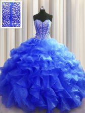 Clearance Visible Boning Floor Length Lace Up Ball Gown Prom Dress Royal Blue for Military Ball and Sweet 16 and Quinceanera with Beading and Ruffles