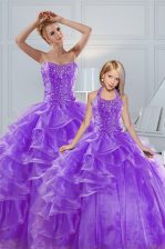  Lavender Ball Gowns Beading and Ruffled Layers Quinceanera Dresses Lace Up Organza Sleeveless Floor Length