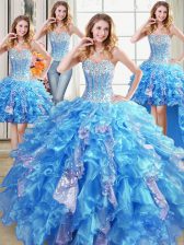  Four Piece Baby Blue Ball Gowns Beading and Ruffles and Sequins Quinceanera Gown Lace Up Organza Sleeveless Floor Length