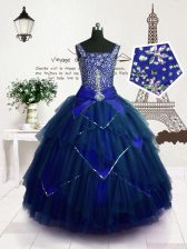  Tulle Straps Sleeveless Lace Up Beading and Belt Child Pageant Dress in Royal Blue