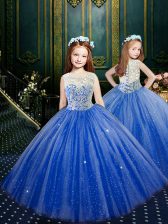 Best Blue Scoop Neckline Appliques Pageant Gowns For Girls Sleeveless Clasp Handle