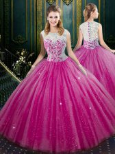  Fuchsia High-neck Zipper Lace Sweet 16 Dresses Sleeveless