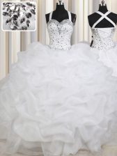 Eye-catching White Organza Lace Up Straps Sleeveless Floor Length Quinceanera Gowns Beading and Pick Ups