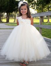  White Tulle Zipper One Shoulder Sleeveless Ankle Length Flower Girl Dress Hand Made Flower