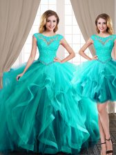 Exquisite Three Piece Scoop Aqua Blue Ball Gowns Beading and Appliques and Ruffles Quinceanera Gown Lace Up Tulle Cap Sleeves Floor Length