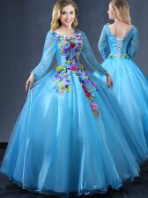Nice Tulle Long Sleeves Floor Length Vestidos de Quinceanera and Appliques