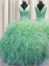  Zipper Up Green V-neck Neckline Beading and Ruffles 15 Quinceanera Dress Sleeveless Zipper
