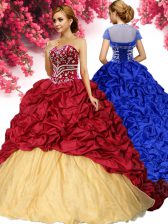 Best Selling Taffeta Sweetheart Sleeveless Brush Train Lace Up Pick Ups Quince Ball Gowns in Wine Red