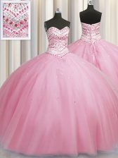 On Sale Bling-bling Big Puffy Rose Pink Sleeveless Tulle Lace Up Quince Ball Gowns for Military Ball and Sweet 16 and Quinceanera