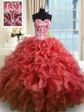  Wine Red Ball Gowns Organza Sweetheart Sleeveless Beading and Ruffles Floor Length Lace Up Quinceanera Dress