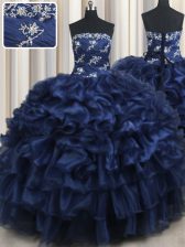  Navy Blue Ball Gowns Appliques and Ruffles and Pick Ups Quinceanera Dress Lace Up Organza Sleeveless Floor Length