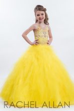  Halter Top Yellow Sleeveless Tulle Zipper Little Girls Pageant Dress Wholesale for Party and Wedding Party