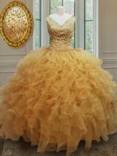  Gold Organza Zipper V-neck Sleeveless Floor Length Quinceanera Dresses Beading and Ruffles