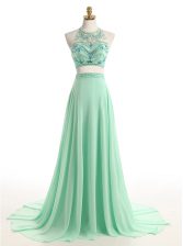  Halter Top Apple Green Chiffon Zipper Prom Dresses Sleeveless Brush Train Beading