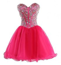  Hot Pink Organza Lace Up Dress for Prom Sleeveless Mini Length Beading