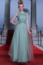 Delicate Light Blue Column/Sheath Beading and Appliques and Ruching Evening Dress Side Zipper Chiffon Sleeveless Floor Length